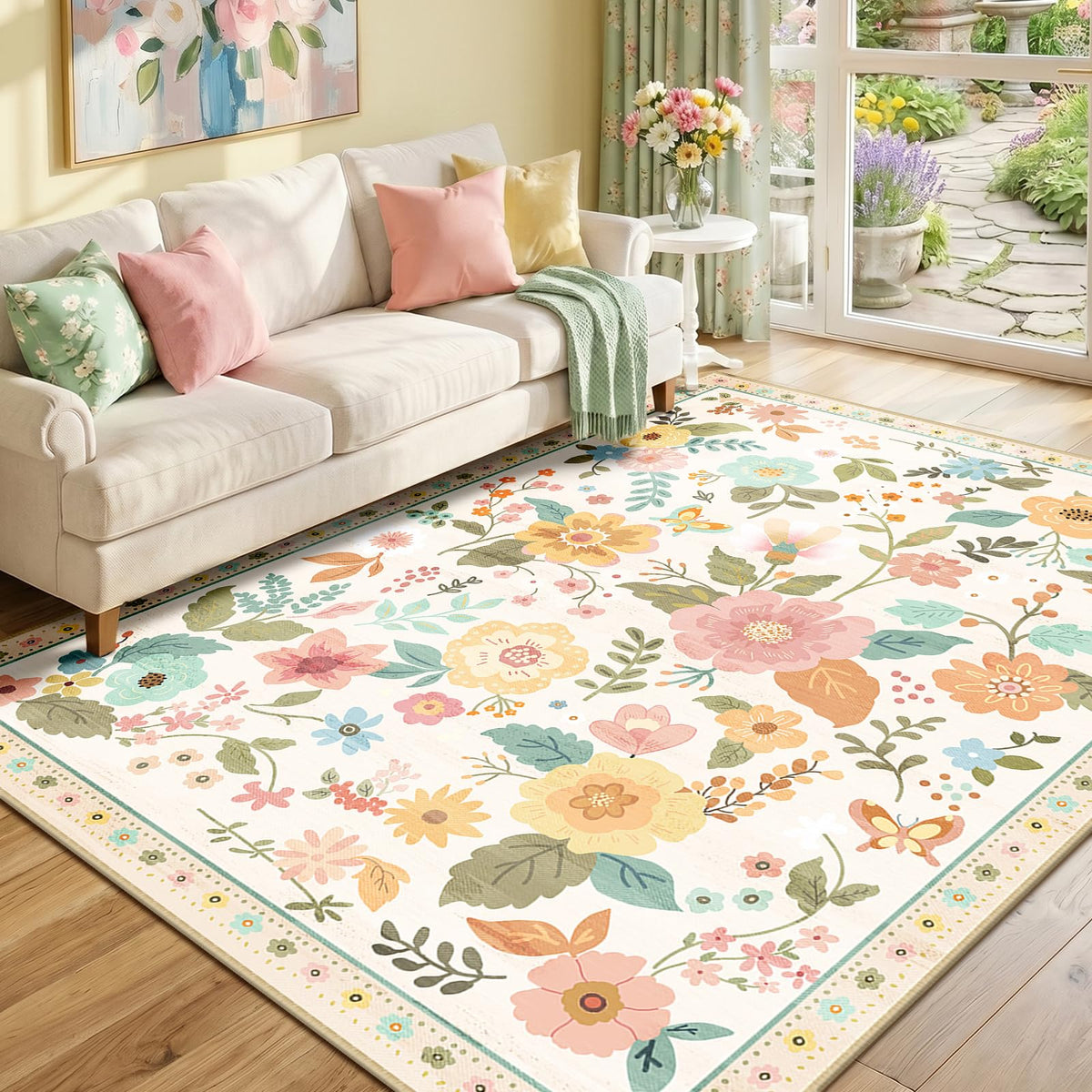 RELEANY Floral Washable 5x7 Area Rugs Black