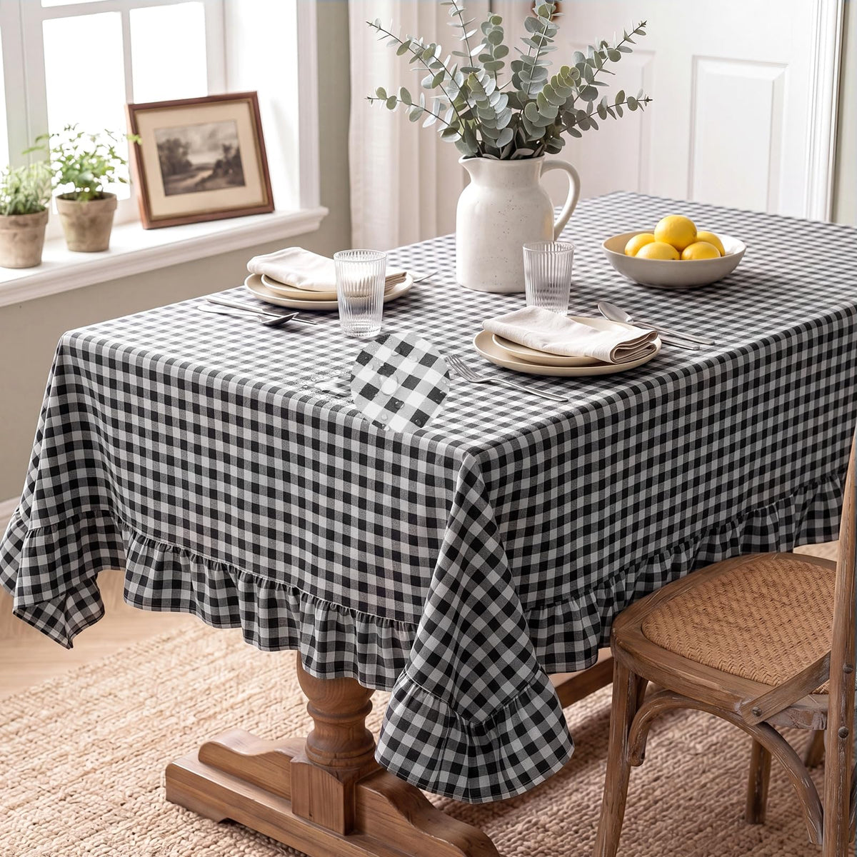 Mindsoft Brown Ruffled Gingham Tablecloth, 52 x 70 Inches, Rectangle