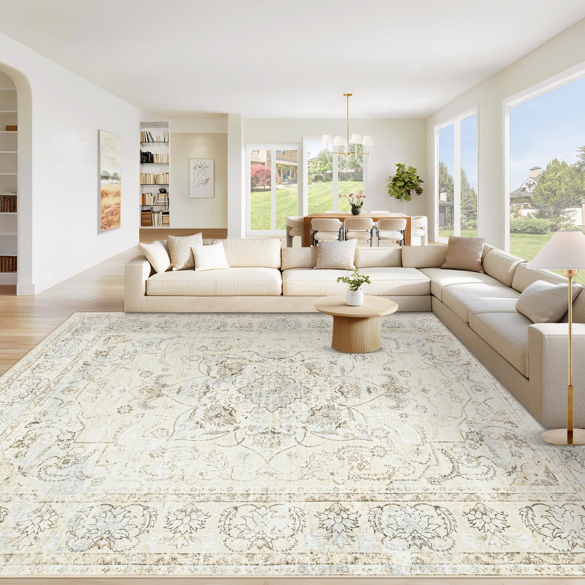 Area Rug 8x10 Washable Rug, Vintage Boho Medallion Rugs Non-Slip Soft Low Pile Large Distressed Rug Indoor Retro Carpet for Living Room Bedroom Dining Room Office Children's Room(Beige, 8'x10')