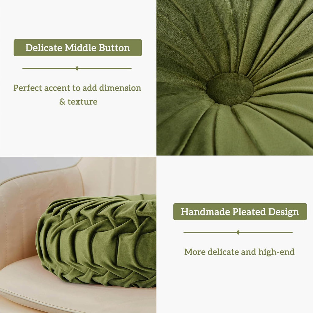 HIG Set of 2 Olive Velvet Decorative Round Pleated Throw Pillows