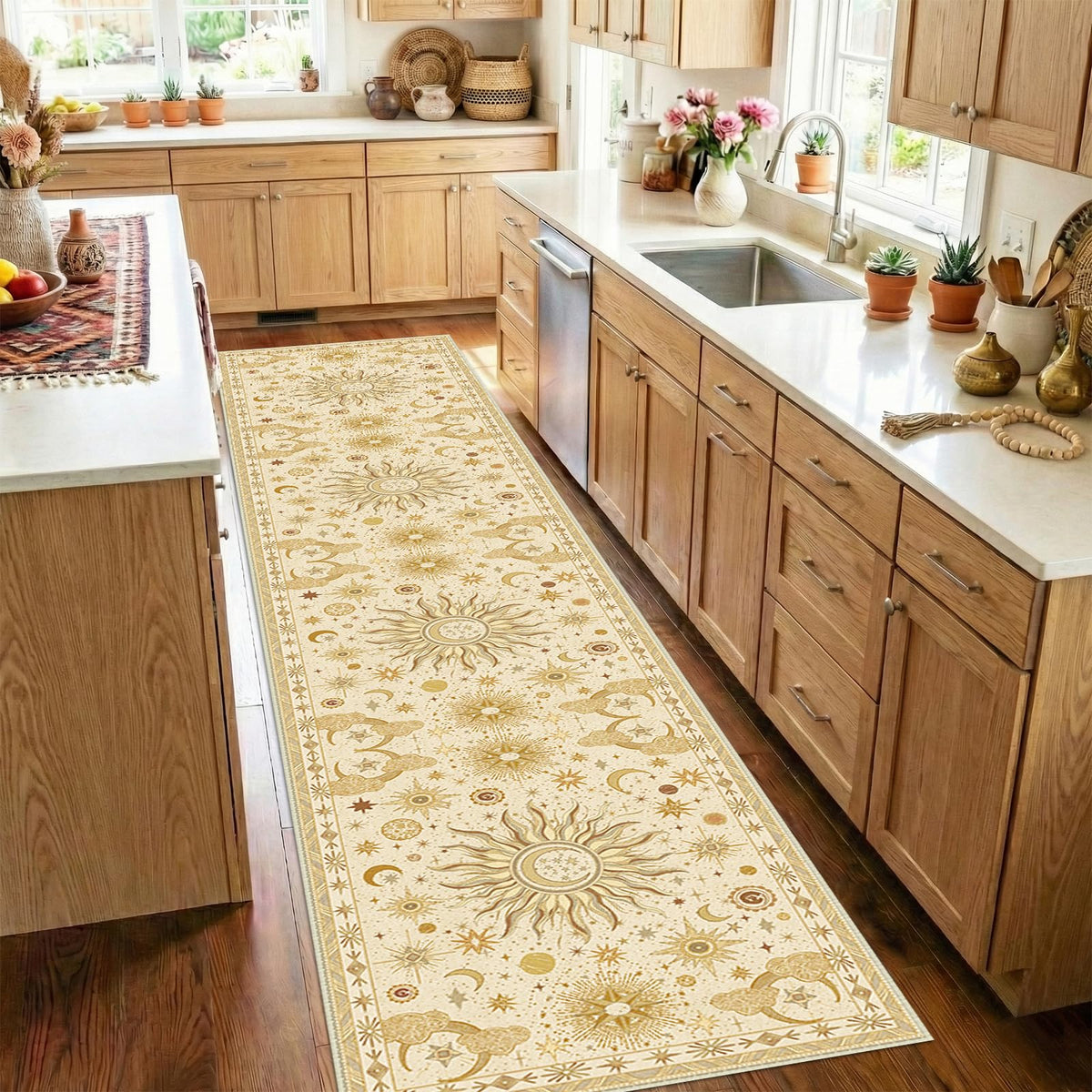 Vacuum-Friendly, 5x7 Washable Area Rug, Black Gold Beige Red