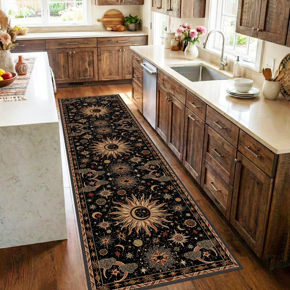 Vacuum-Friendly, 5x7 Washable Area Rug, Black Gold Beige Red