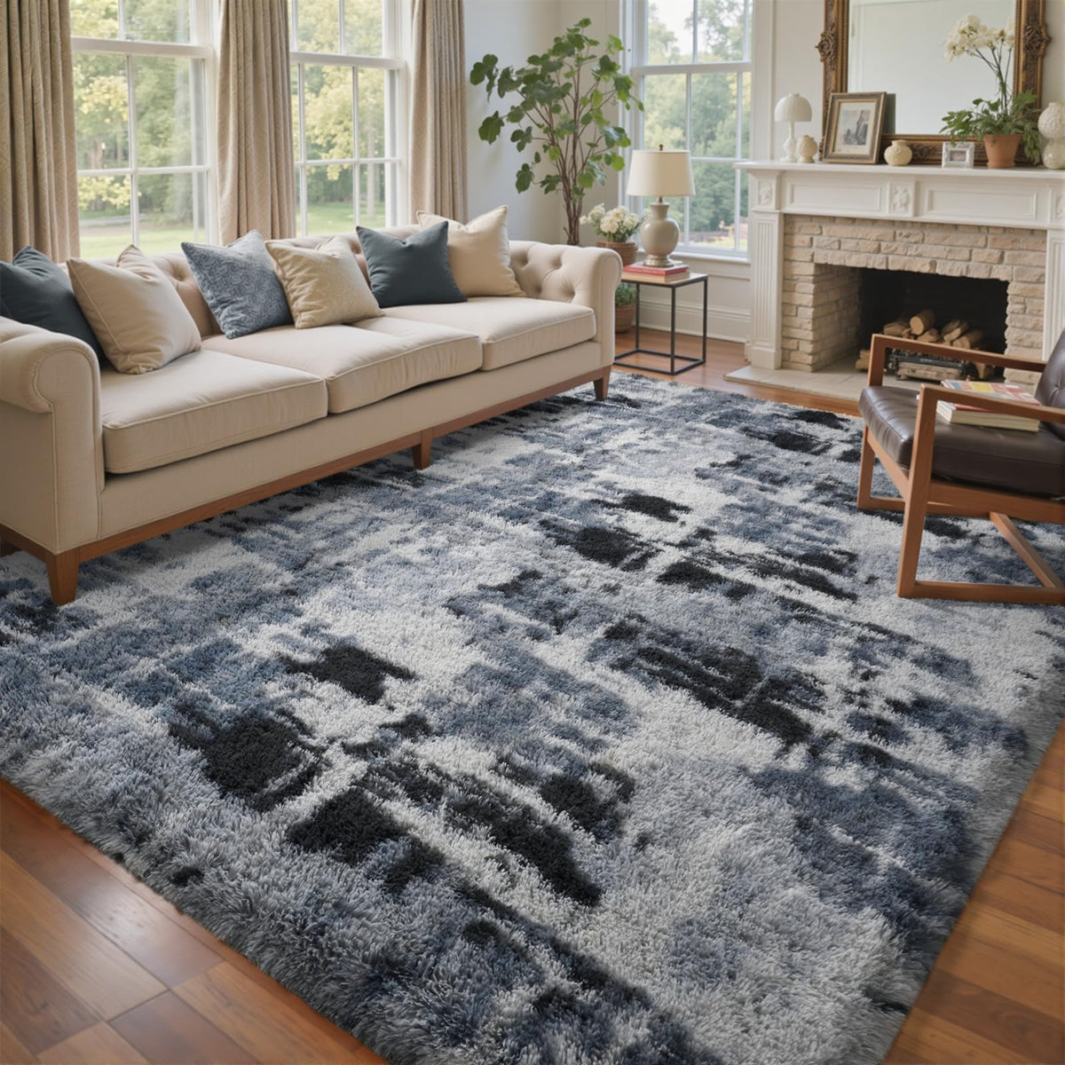 6x9 Ft Large Shag Rugs for Living Room Decor, Tie-Dyed Ultra Soft Fluffy Furry Area Rugs for Bedroom Indoor Floor, Aesthetic Carpet for Kids Home (Dark Grey)