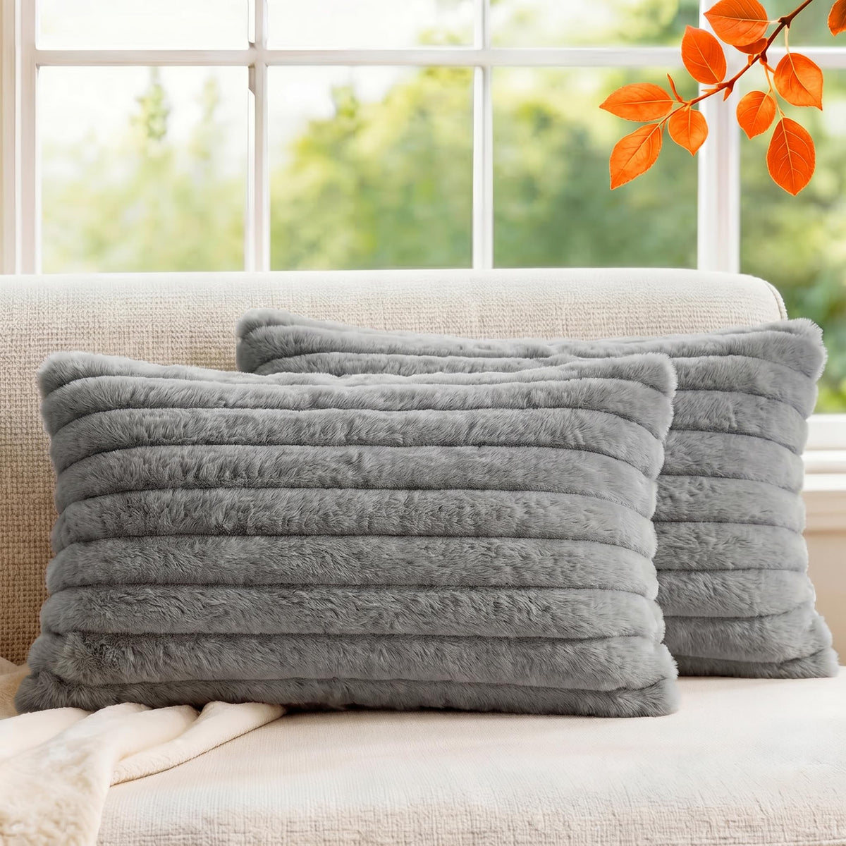 Set of 2 Decorative Throw Pillow Covers 18x18, Faux Fur Cream White