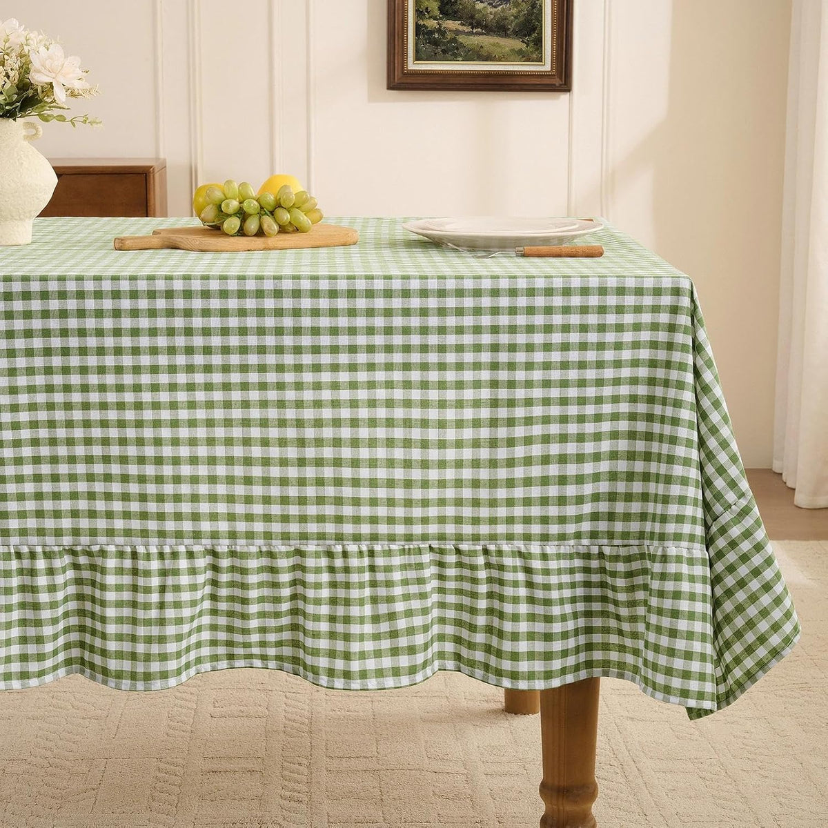 Romanstile Gingham Ruffled Tablecloth Rectangle, 60 x 84 Inch, Sage Green