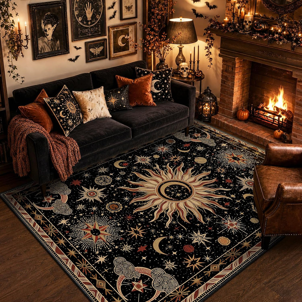 Vacuum-Friendly, 5x7 Washable Area Rug, Black Gold Beige Red