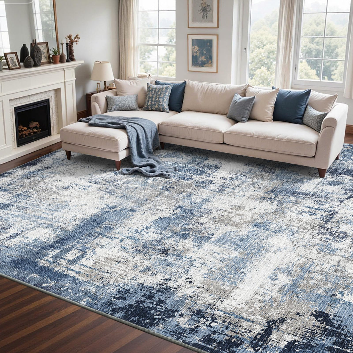 6x9 Ft Large Area Rugs for Living Room, Soft Non-Slip Washable Rugs Modern Abstract Pattern Carpet for Bedroom Indoor Floor Nursery Home Decor (Blue)
