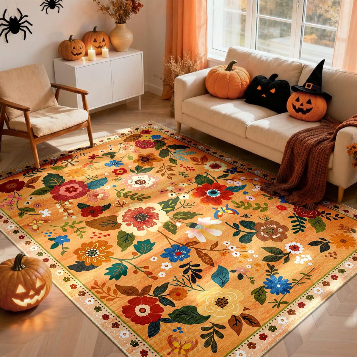 RELEANY Floral Washable 5x7 Area Rugs Black