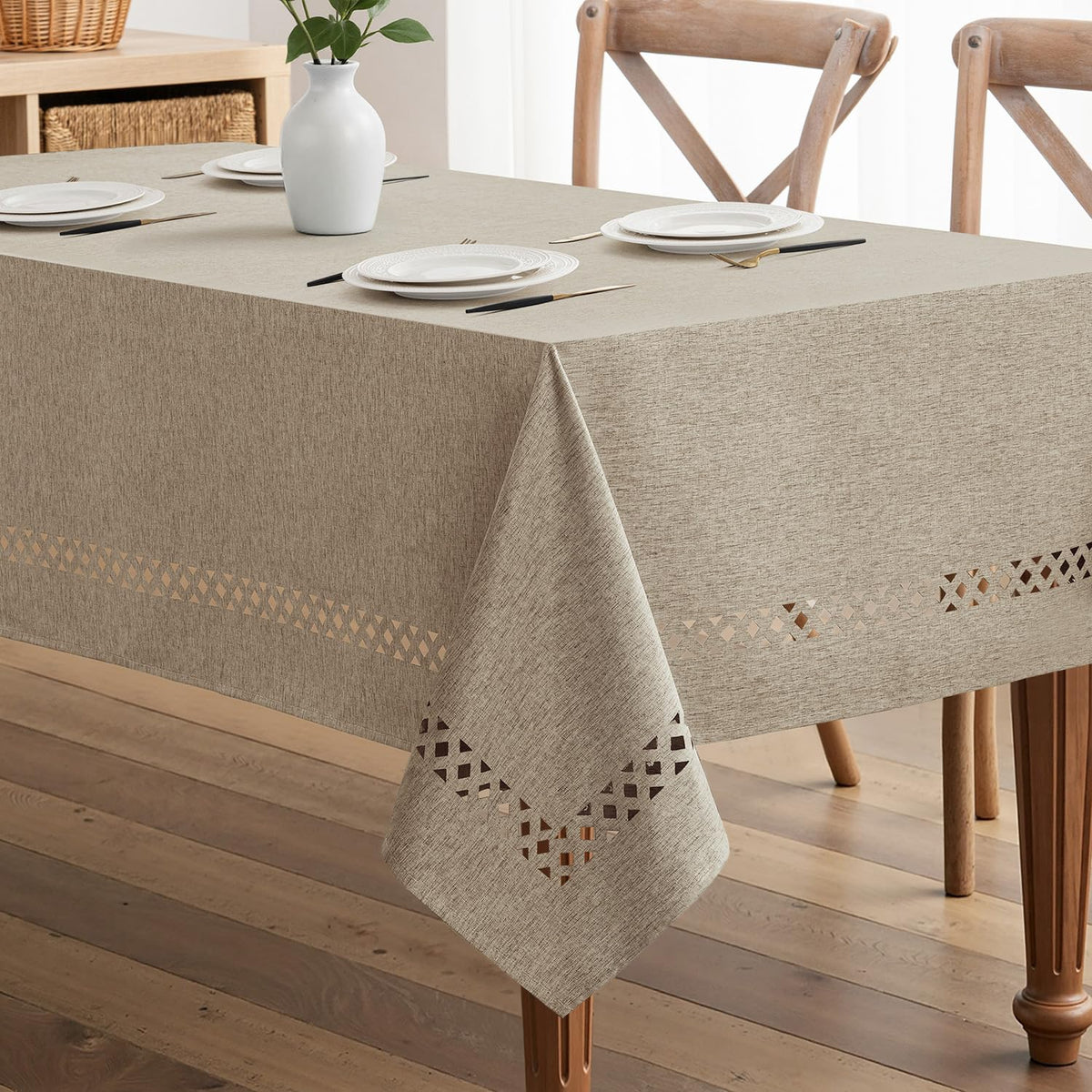 MIULEE Beige Rectangle Tablecloth with Decorative Cutouts 52x70 Inch