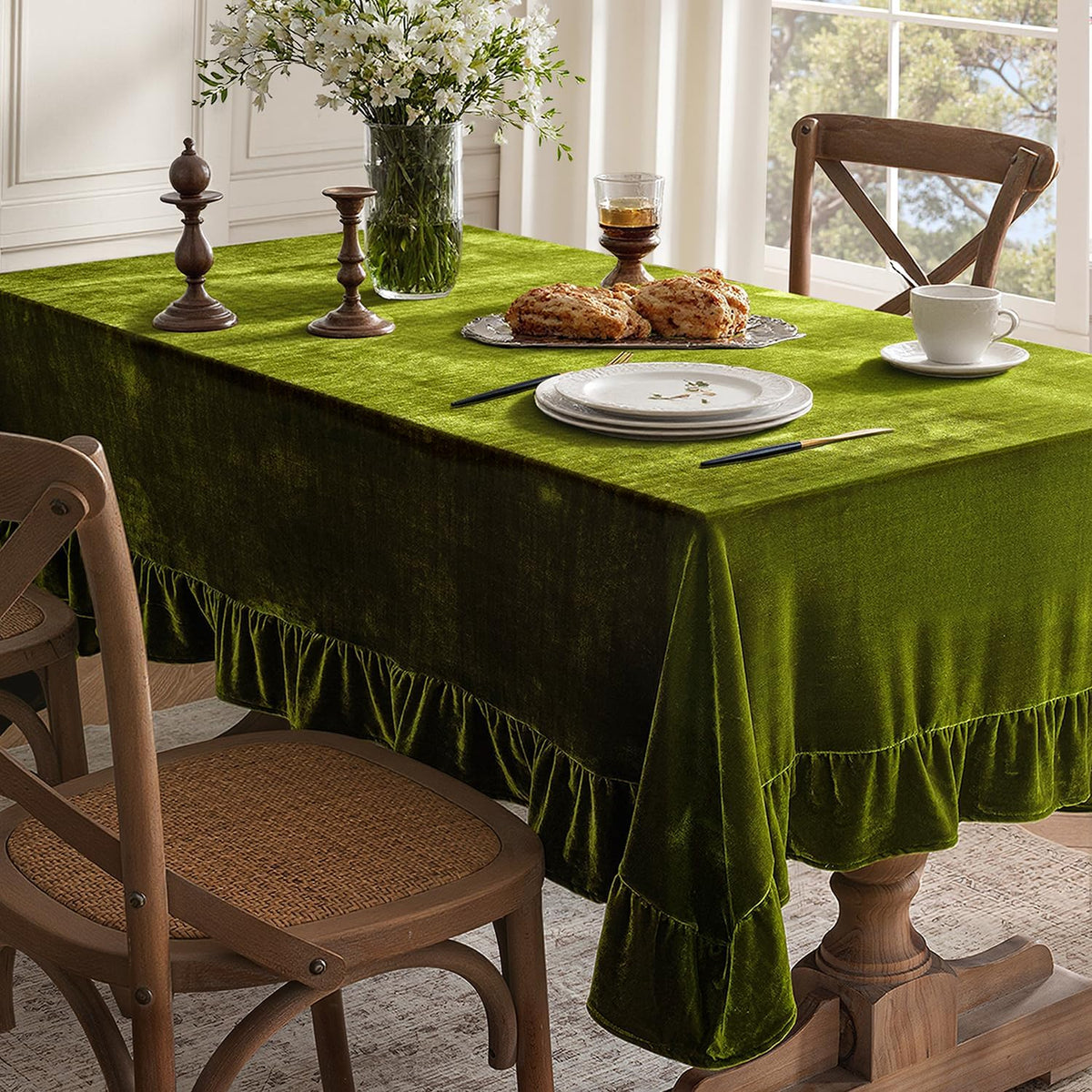 MIULEE Velvet Tablecloth with Decorative Ruffle 60x120 Inch Olive Green