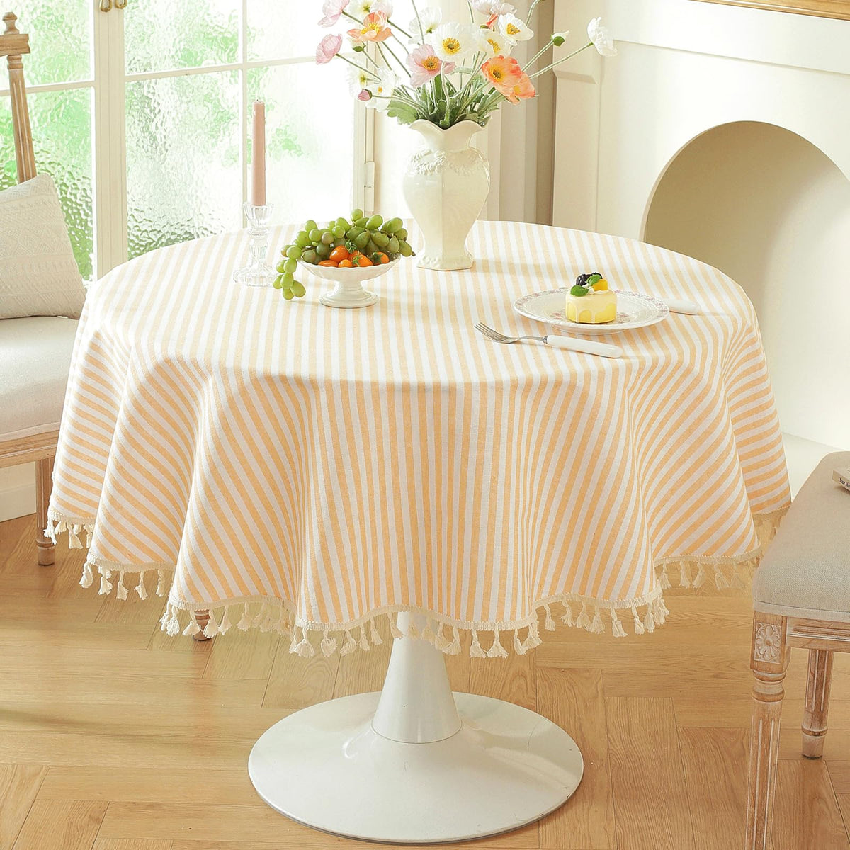 meioro Table Cloth Blue White Striped Tablecloth with Tassels Cotton Linen Dust-Proof Table Cover for Dining Buffet Kitchen Picnic Tables, Parties Holiday Indoor Outdoor Tablecloths (39x55 Inch)
