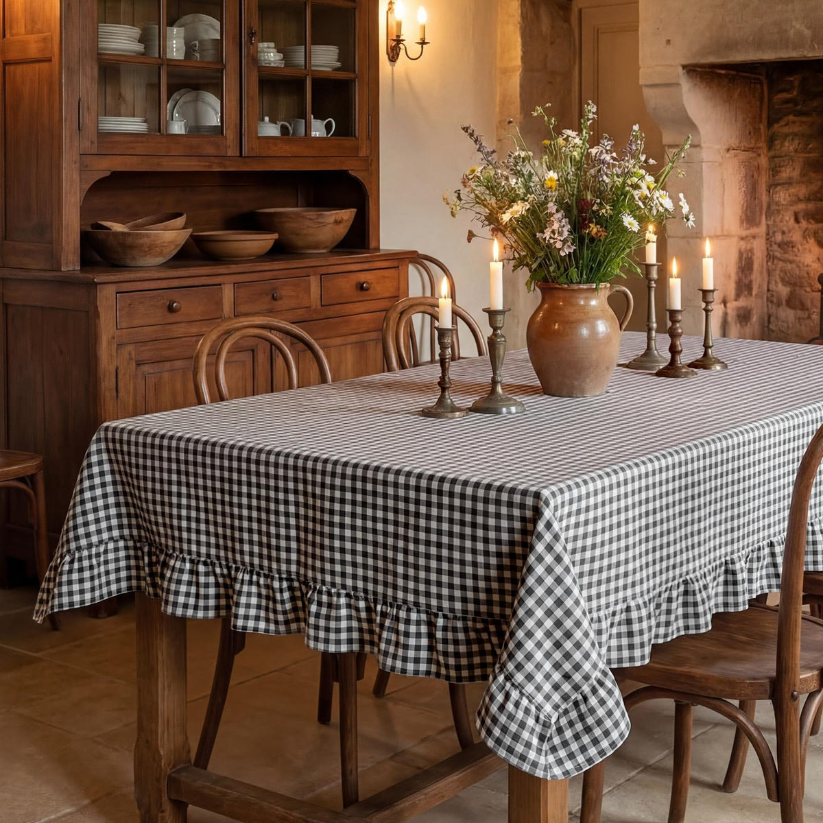 Mindsoft Brown Ruffled Gingham Tablecloth, 52 x 70 Inches, Rectangle