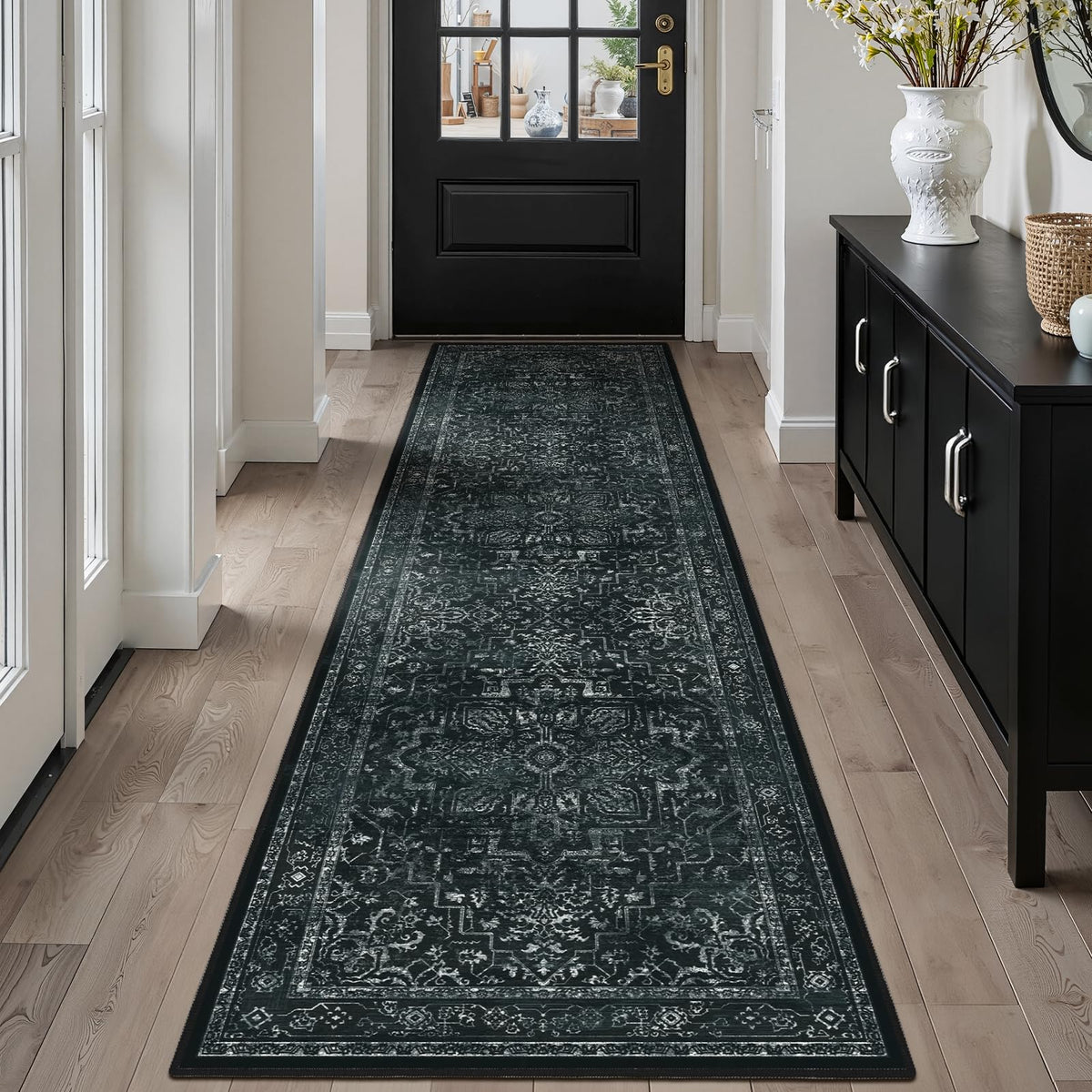 Vintage Dark Green Area Rugs 5x7 for Living Room, Tranditional Distressed Medallion Printed Low Pile Thin Rugs for Bedroom, Non Slip Washable Carpet Rugs for Dining Room/Kitchen/Home Office