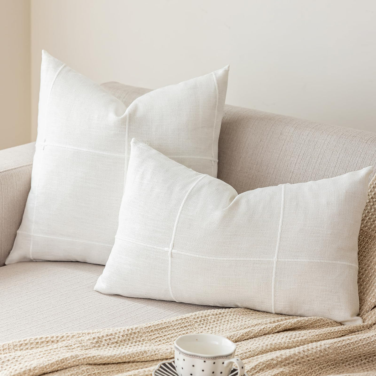 vctops Rustic Lattice Cotton Linen Decorative Throw Pillow Cover Embroidery Square Cushion Cover Pillowcase for Sofa Bedroom Couch (Plaid Coffee,18"x18")