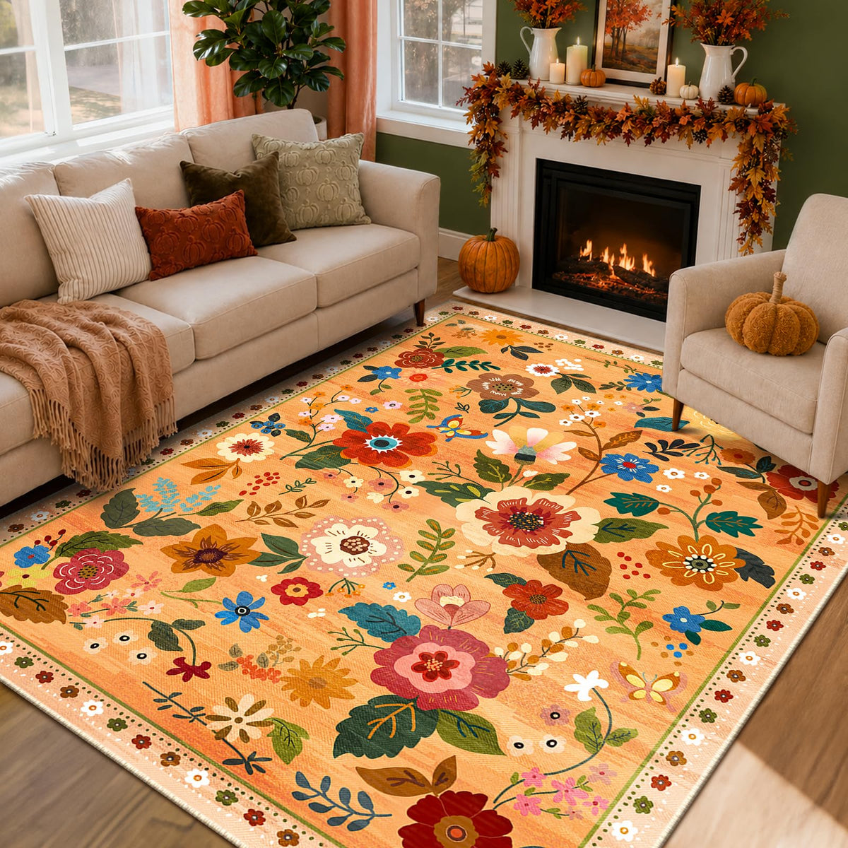 RELEANY Floral Washable 5x7 Area Rugs Black