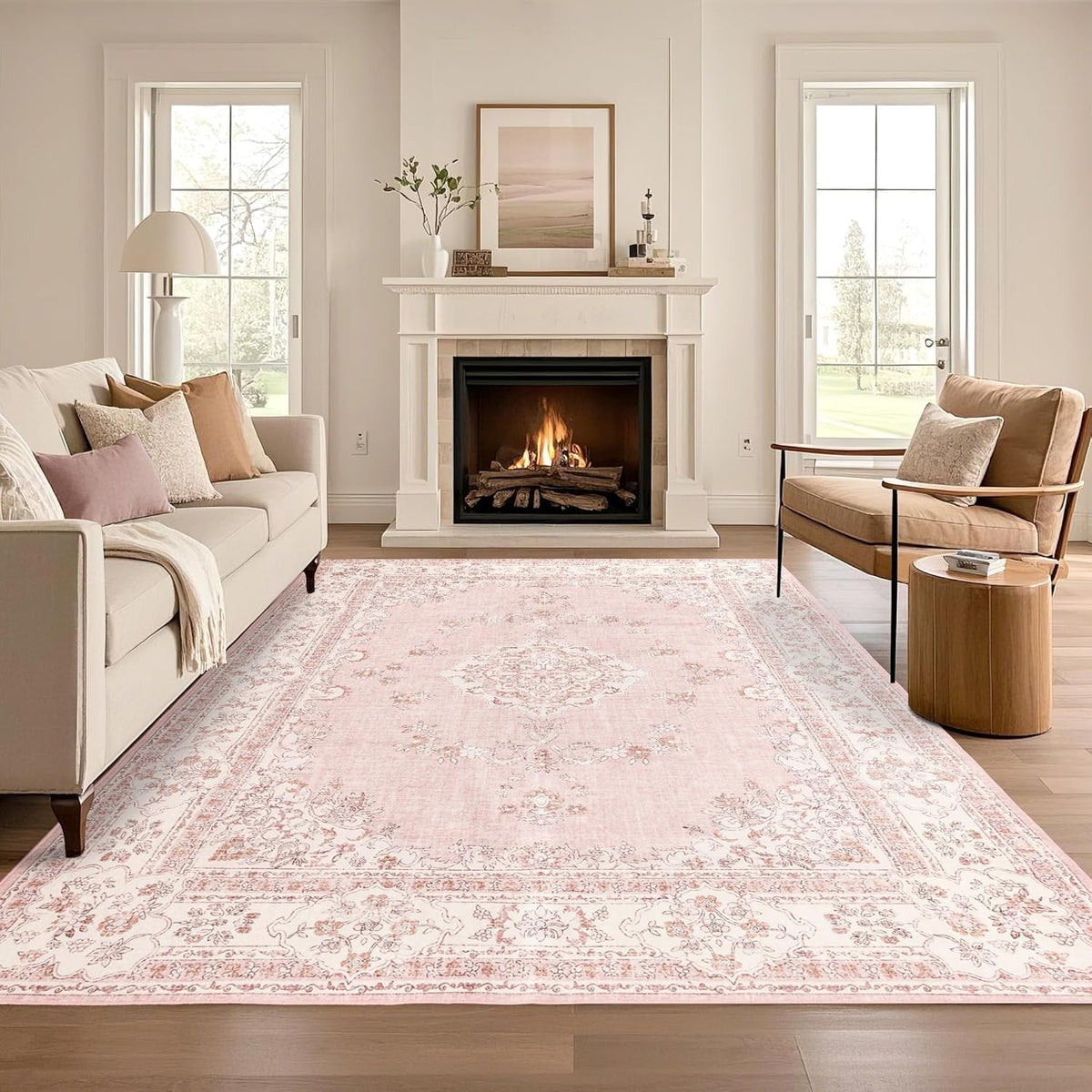 Soft Pink Rug for Girls Room: 5x8 Vintage Washable Carpet Bedroom Nursery