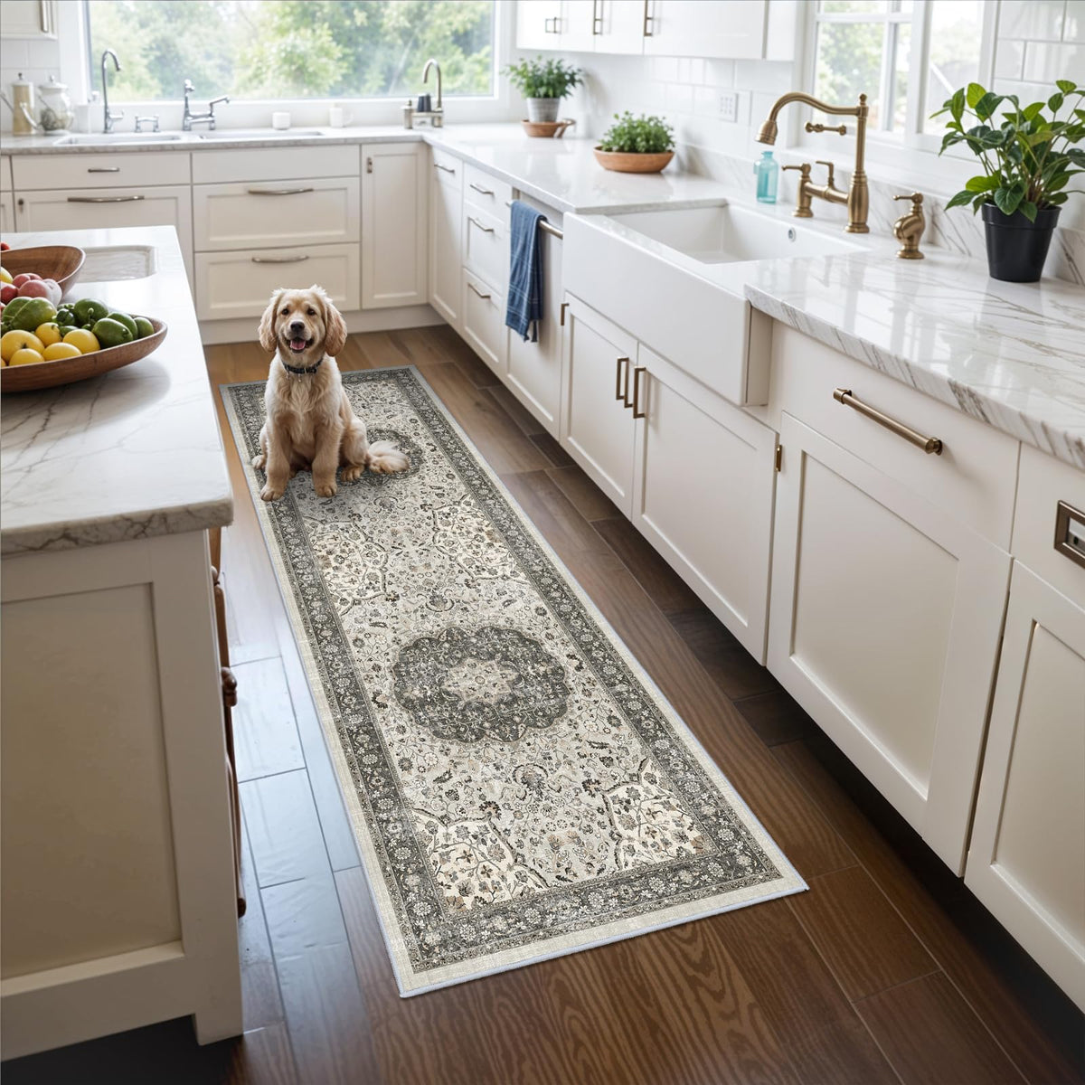 Hallway Washable Runner Rug - 2x10 Kitchen Rugs Entryway Rug Runner Vintage Soft Floor Mat Non Slip Indoor Farmhouse Carpet for Bathroom Living Room Bedroom (2 X 10, Beige)