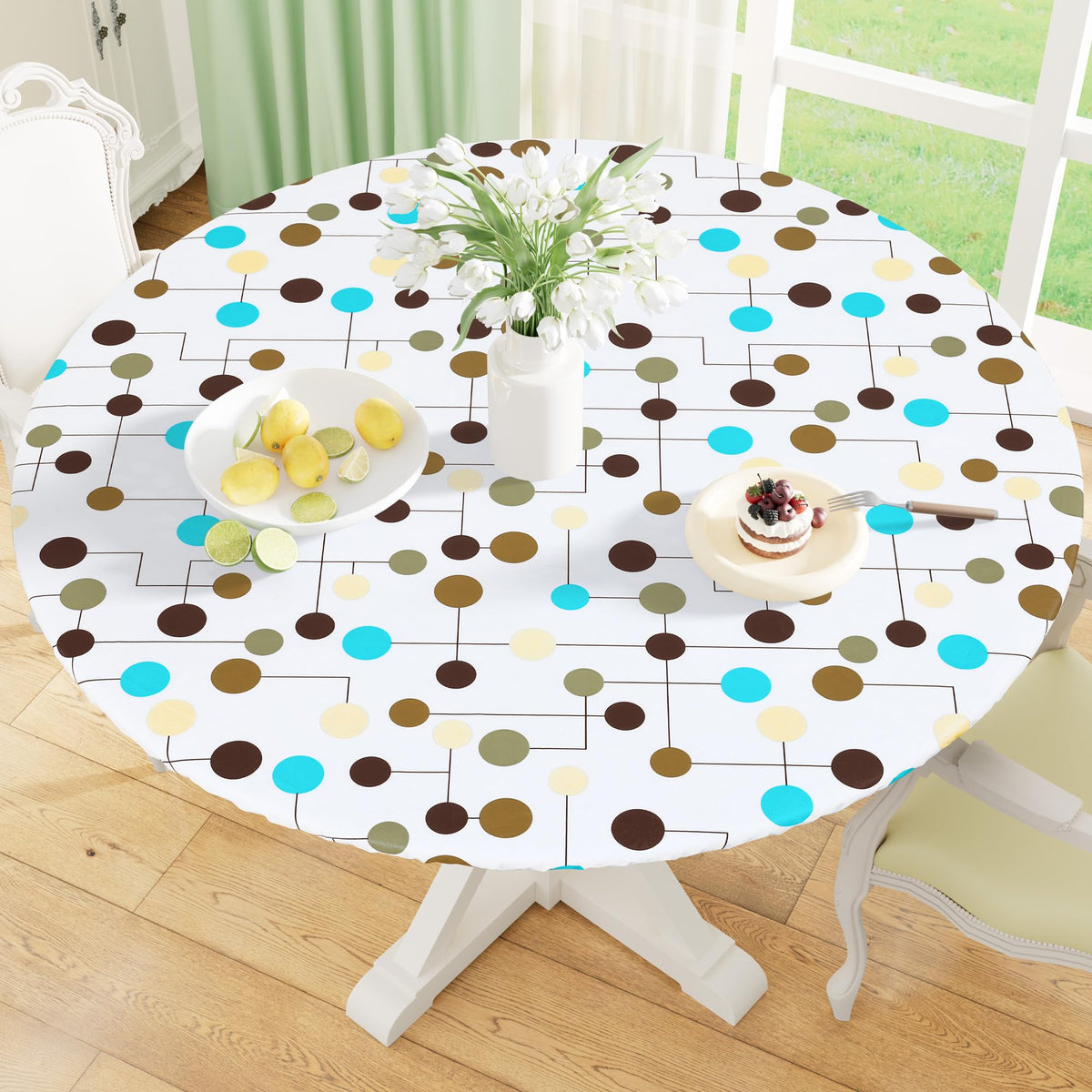 misaya Round Fitted Tablecloth with Elastic Edge, 100% Waterproof Oil Proof Plastic Table Cover, Vinyl Flannel Backed Tablecloth Fits 36"-44" Round Tables for Dinner, Outdoor, Picnic, Flowers
