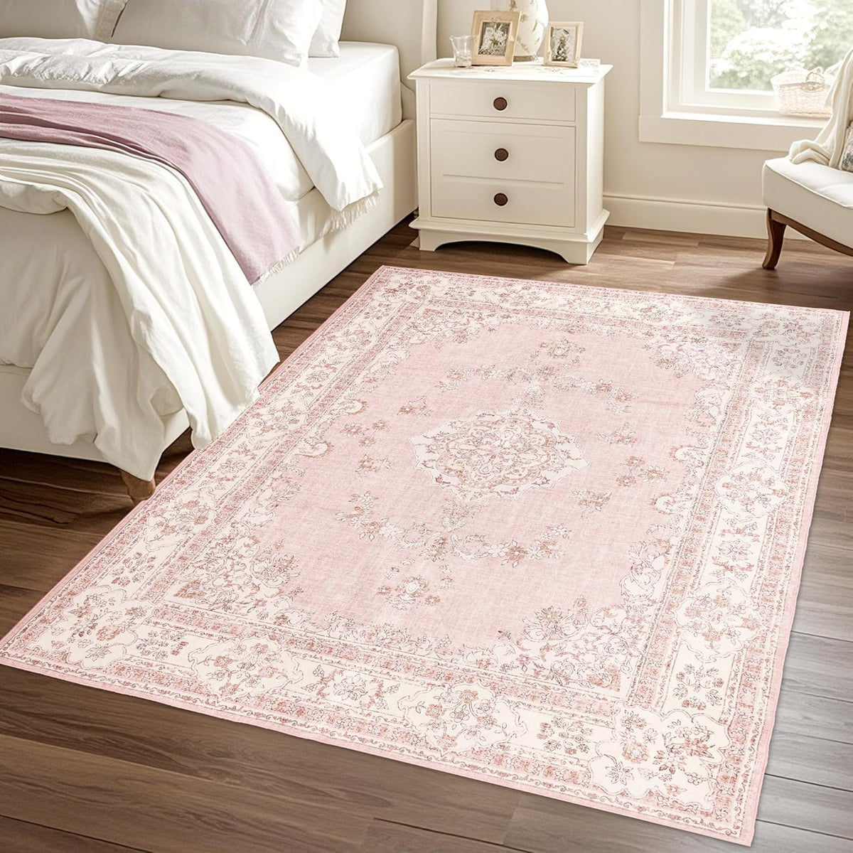 Soft Pink Rug for Girls Room: 5x8 Vintage Washable Carpet Bedroom Nursery