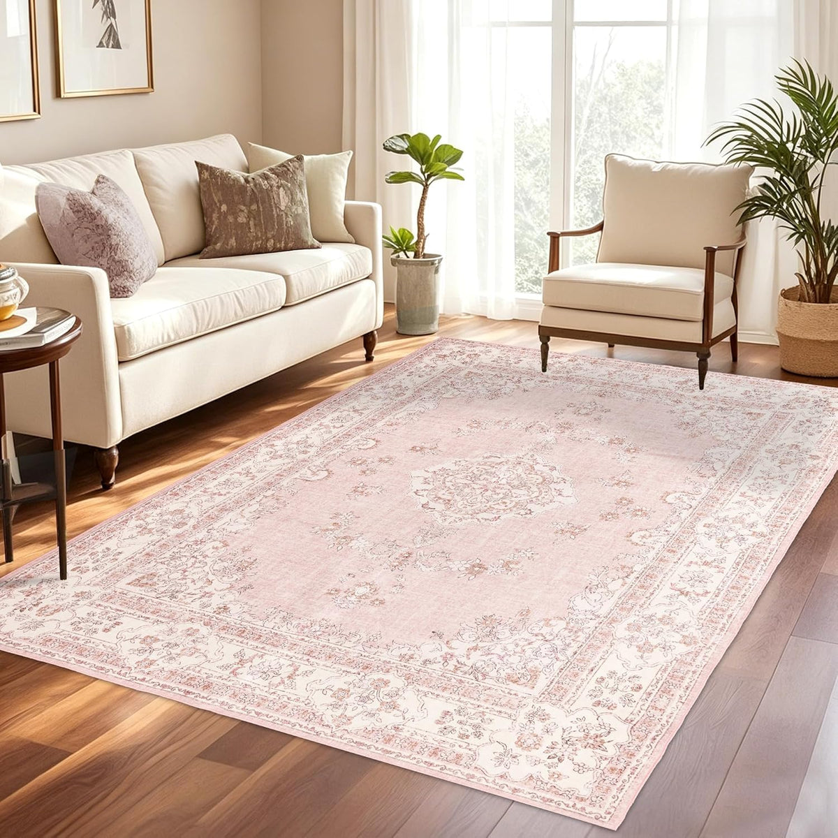 Soft Pink Rug for Girls Room: 5x8 Vintage Washable Carpet Bedroom Nursery