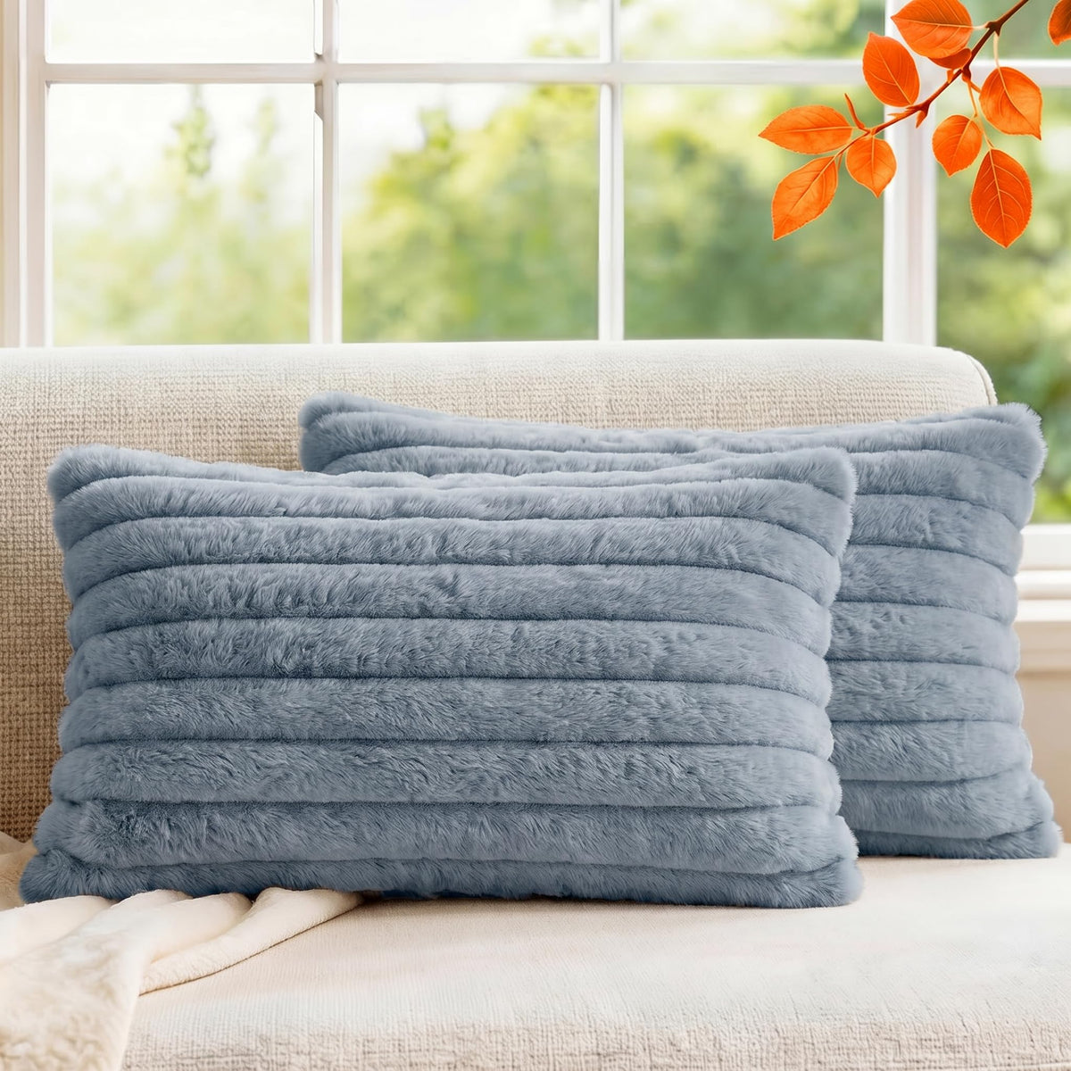 Set of 2 Decorative Throw Pillow Covers 18x18, Faux Fur Cream White