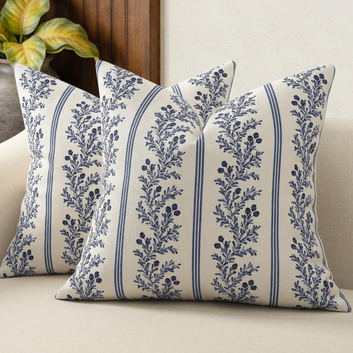 Vintage Throw Pillow Covers 18x18 Set of 2, Striped Floral Pillow Cover Botanical Patterned Decorative Cushion Covers Modern Farmhouse Home Decor for Sofa Couch Bed Living Room, Light Blue
