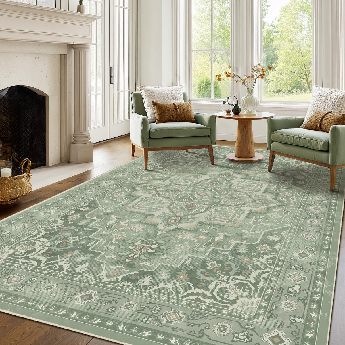 Vintage Dark Green Area Rugs 5x7 for Living Room, Tranditional Distressed Medallion Printed Low Pile Thin Rugs for Bedroom, Non Slip Washable Carpet Rugs for Dining Room/Kitchen/Home Office