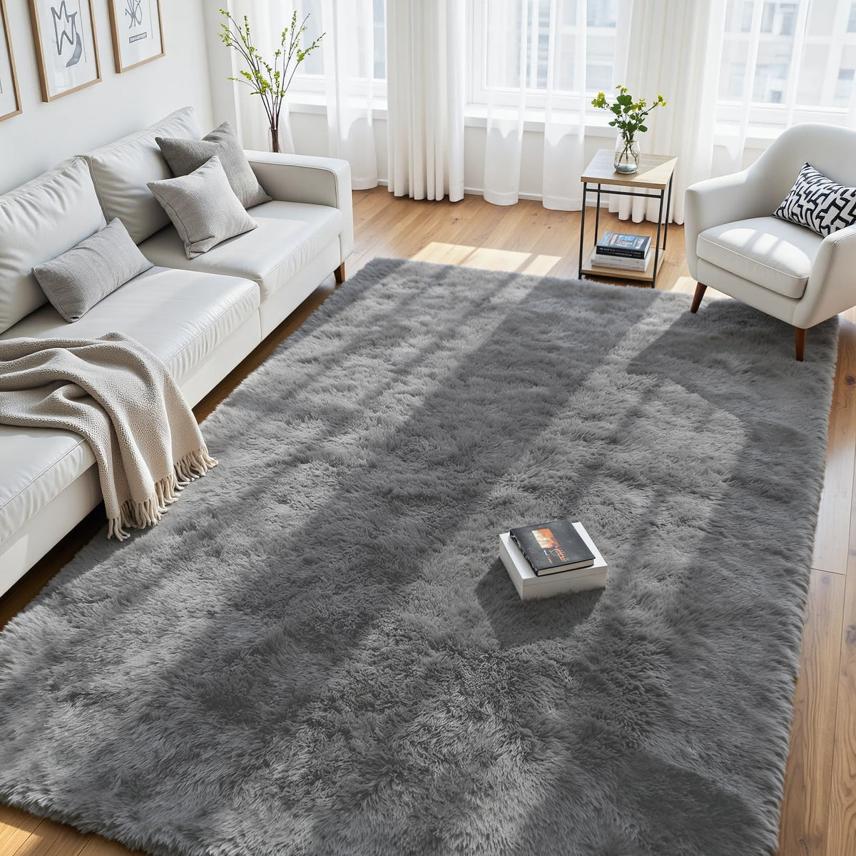 8x10 Fluffy Area Rug for Living Room: Soft Non-Slip Black Bedroom Carpet