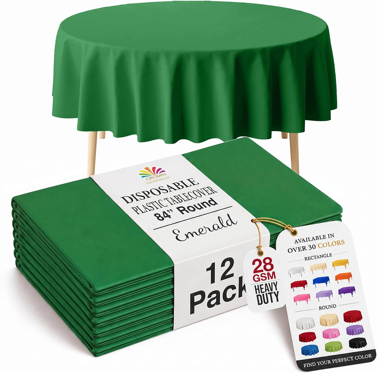 Exquisite 12-Pack Premium Plastic Tablecloth 12-Pack Premium Plastic Tablecloth 84in. Round Table Cover - Emerald Green
