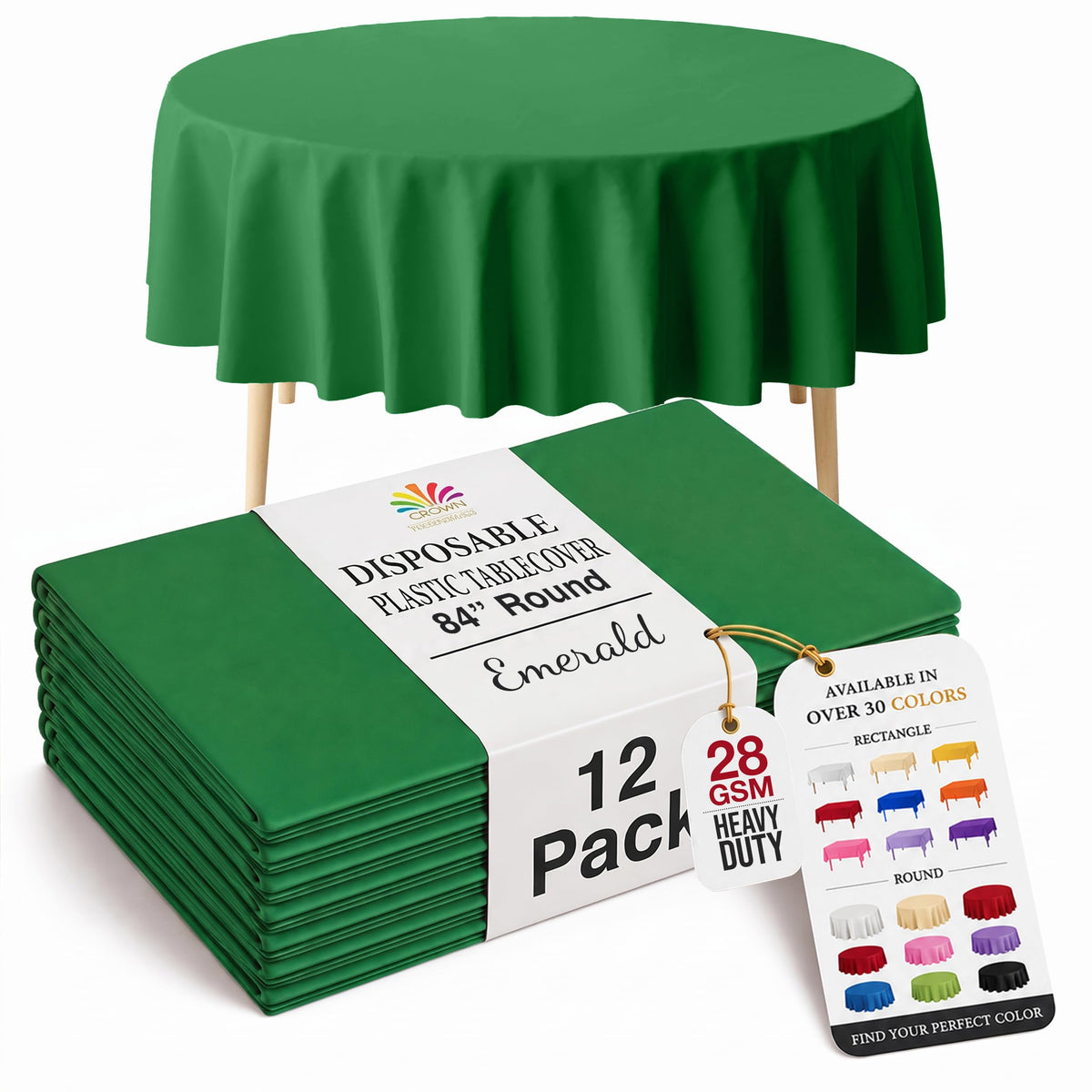 Exquisite 12-Pack Premium Plastic Tablecloth 12-Pack Premium Plastic Tablecloth 84in. Round Table Cover - Emerald Green