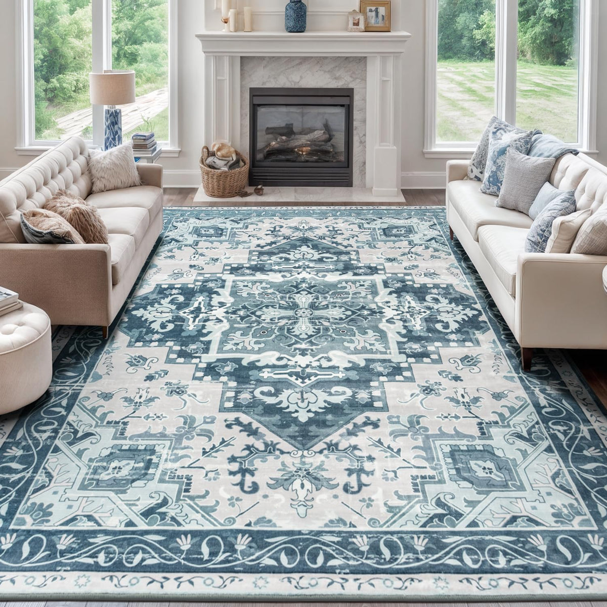 Rugflix 8x10 Area Rugs for Living Room, Washable Large Rug Stain-Resistant Low Pile, Modern Dark Carpet for Dining Room Home Office Kid Room Nursery Bedroom, Navy Blue/Black