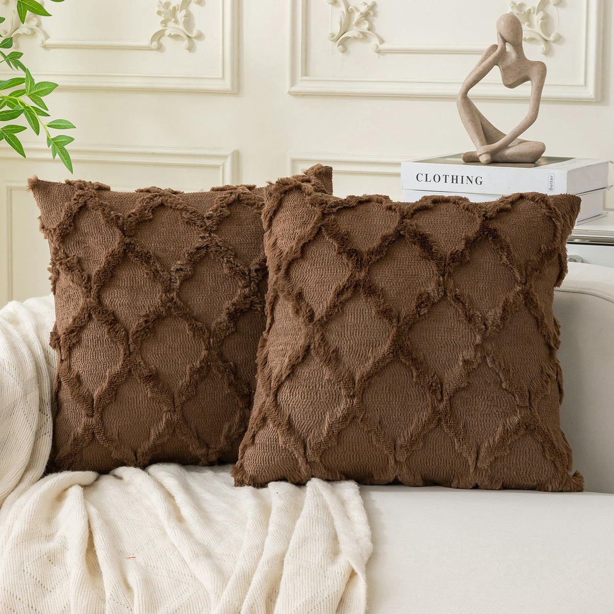 Set of 2 Soft Moroccan Throw Pillow Covers 18x18 Inch Plush Boho Decorative Pillow Cover Accent Cushion Case for Couch Sofa Bed, Beige
