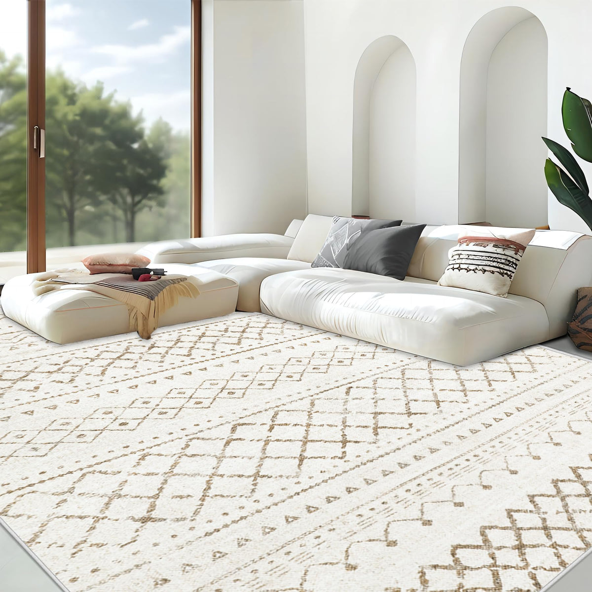 Area Rug for Living Room 6x9: Large Washable Boho Moroccan Rugs Geometric Neutral Rug, Non-Slip Foldable Morden Farmhouse Indoor Floor Carpet for Bedroom Dining Table Home(Brown Green,6'x9')