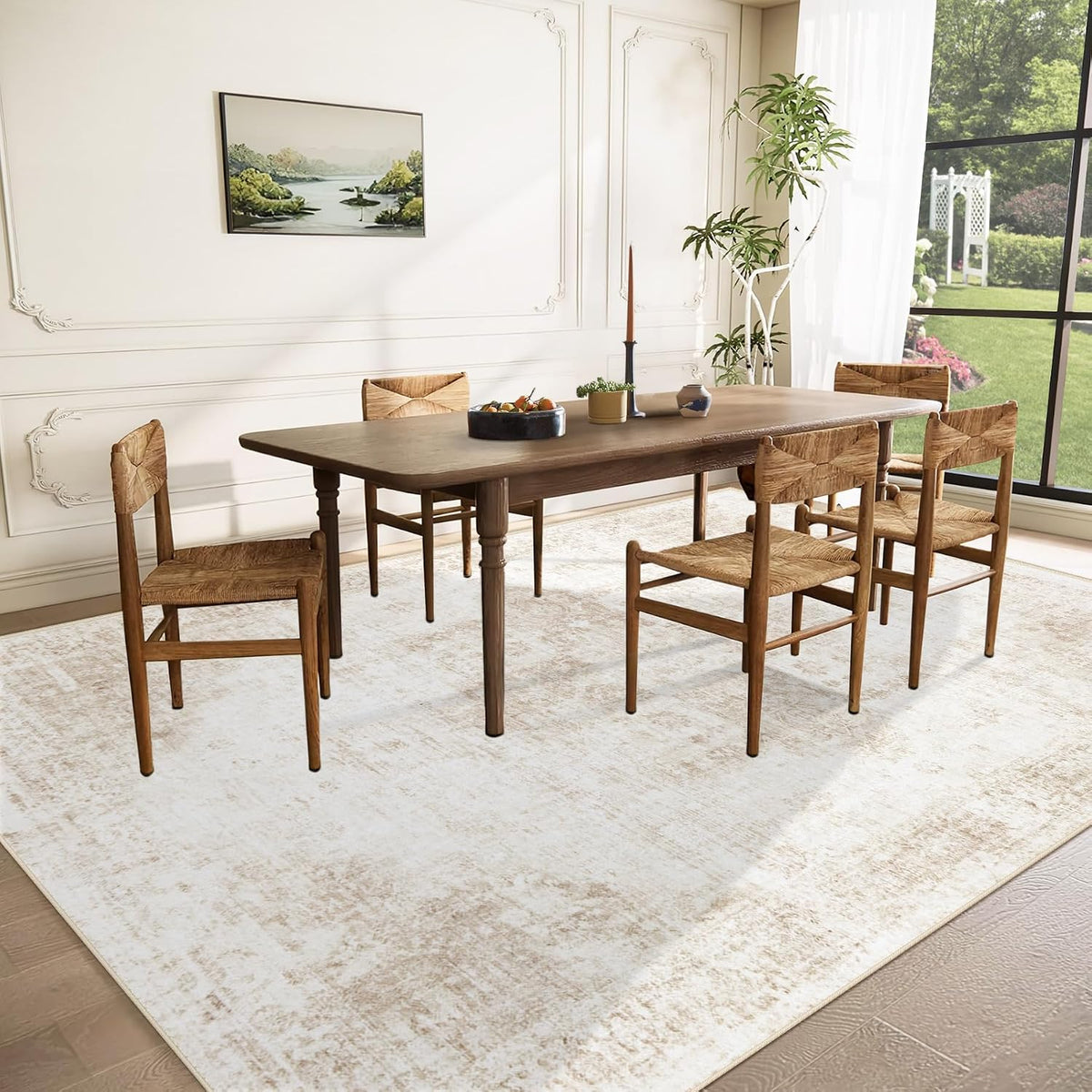 Area Rug 8x10 Washable Rug, Vintage Boho Medallion Rugs Non-Slip Soft Low Pile Large Distressed Rug Indoor Retro Carpet for Living Room Bedroom Dining Room Office Children's Room(Beige, 8'x10')
