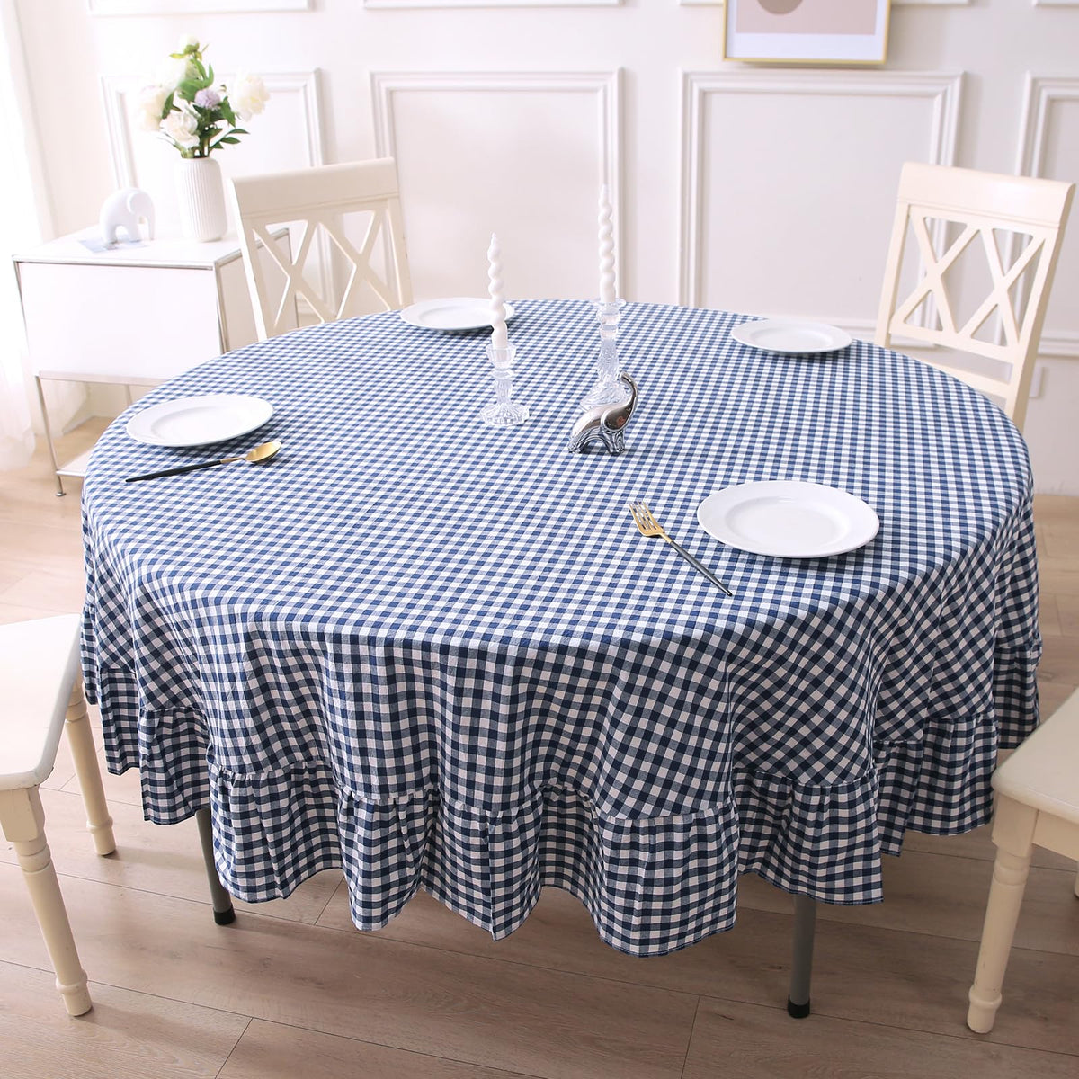 Blush White Gingham Ruffled Table Cloth Rectangular 120“x60”