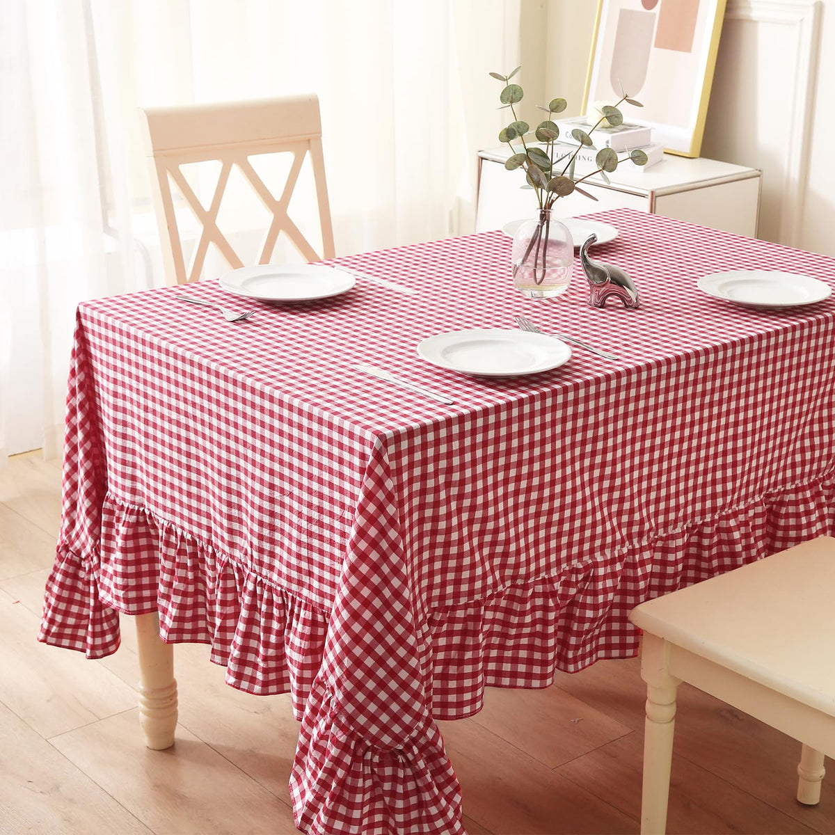 Blush White Gingham Ruffled Table Cloth Rectangular 120“x60”