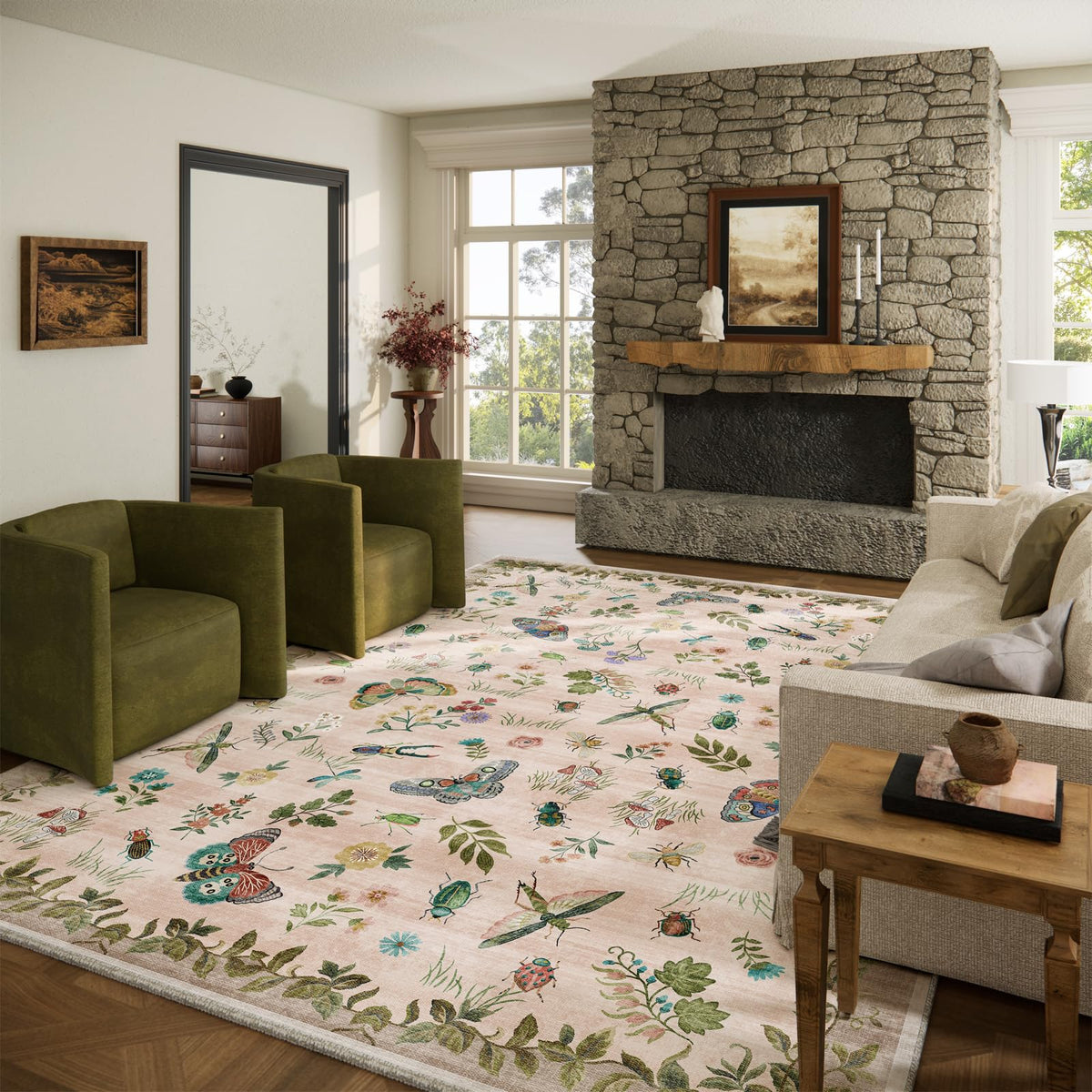 Washable Area Rugs for Living Room: 9x12 Area Rug for Bedroom Vintage Stain Resistant Non Slip Low Pile Lightweight Soft Carpet for Kitchen Dining Room Farmhouse Kids Room Nursery