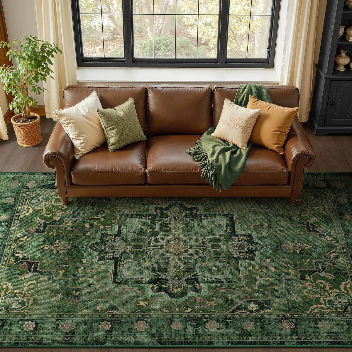 Vintage Dark Green Area Rugs 5x7 for Living Room, Tranditional Distressed Medallion Printed Low Pile Thin Rugs for Bedroom, Non Slip Washable Carpet Rugs for Dining Room/Kitchen/Home Office