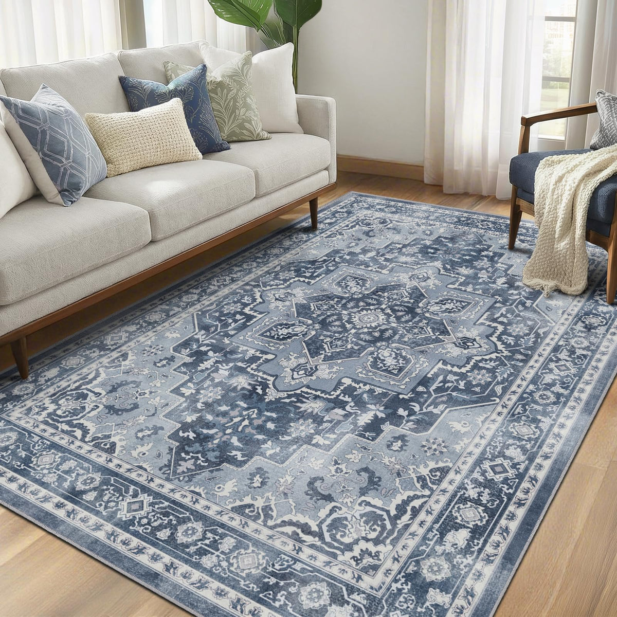 Vintage Dark Green Area Rugs 5x7 for Living Room, Tranditional Distressed Medallion Printed Low Pile Thin Rugs for Bedroom, Non Slip Washable Carpet Rugs for Dining Room/Kitchen/Home Office