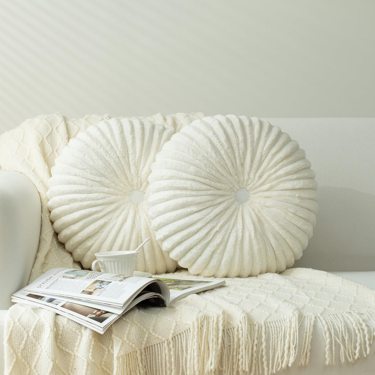 HIG Set of 2 Olive Velvet Decorative Round Pleated Throw Pillows