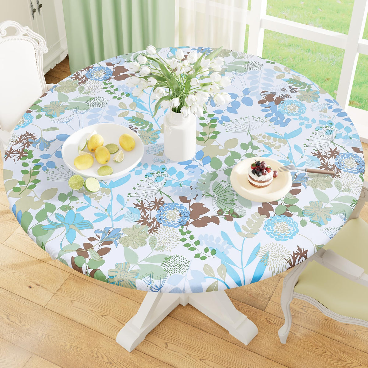 misaya Round Fitted Tablecloth with Elastic Edge, 100% Waterproof Oil Proof Plastic Table Cover, Vinyl Flannel Backed Tablecloth Fits 36"-44" Round Tables for Dinner, Outdoor, Picnic, Flowers