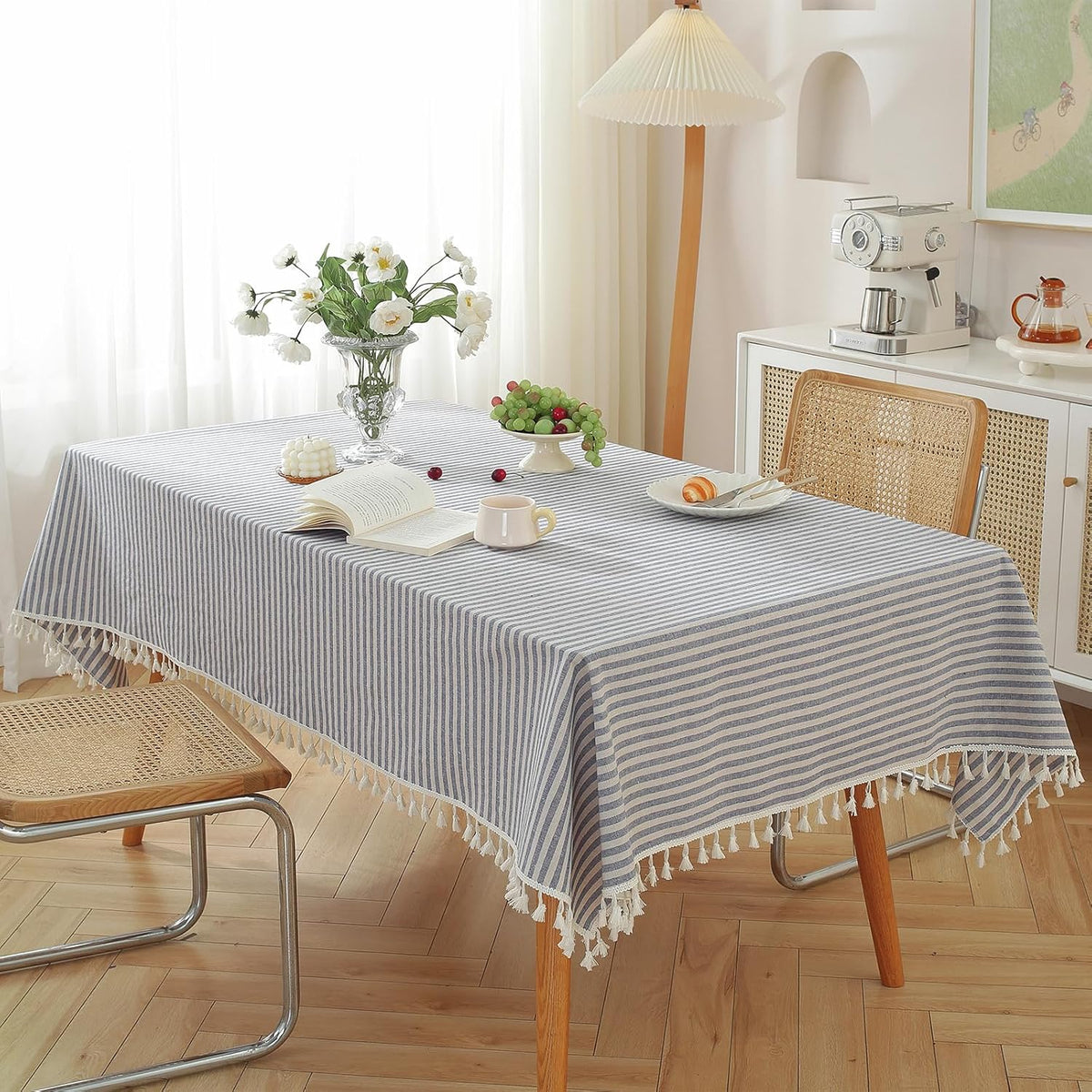 meioro Table Cloth Blue White Striped Tablecloth with Tassels Cotton Linen Dust-Proof Table Cover for Dining Buffet Kitchen Picnic Tables, Parties Holiday Indoor Outdoor Tablecloths (39x55 Inch)