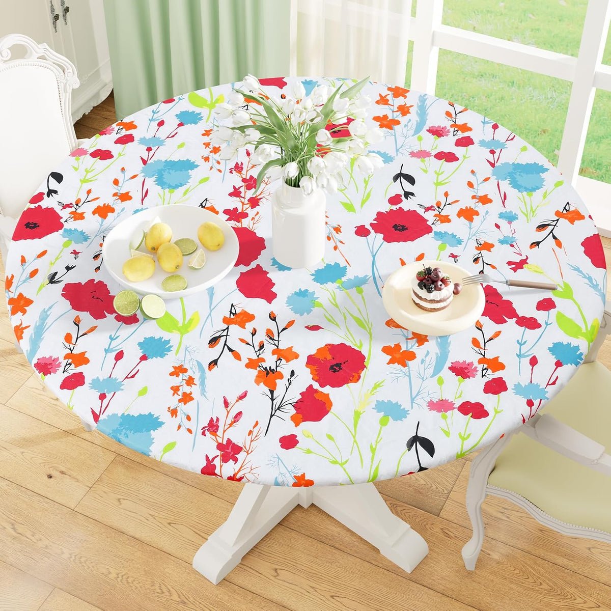 misaya Round Fitted Tablecloth with Elastic Edge, 100% Waterproof Oil Proof Plastic Table Cover, Vinyl Flannel Backed Tablecloth Fits 36"-44" Round Tables for Dinner, Outdoor, Picnic, Flowers