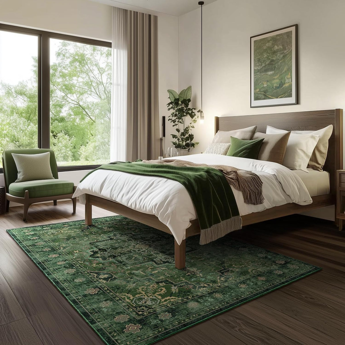 Vintage Dark Green Area Rugs 5x7 for Living Room, Tranditional Distressed Medallion Printed Low Pile Thin Rugs for Bedroom, Non Slip Washable Carpet Rugs for Dining Room/Kitchen/Home Office