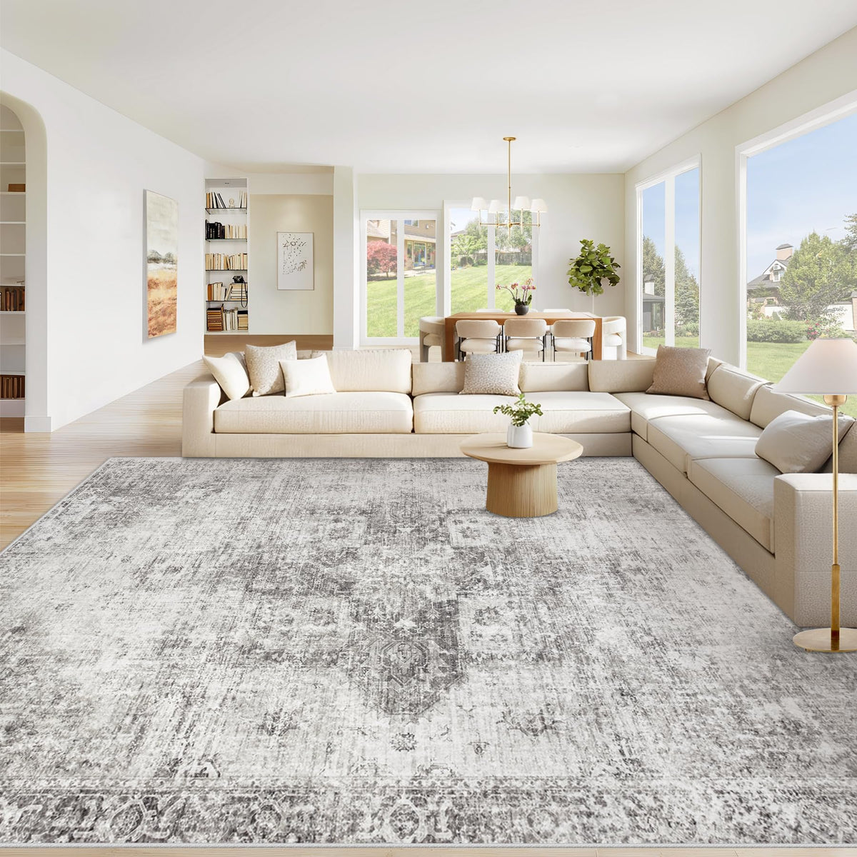 Area Rug 8x10 Washable Rug, Vintage Boho Medallion Rugs Non-Slip Soft Low Pile Large Distressed Rug Indoor Retro Carpet for Living Room Bedroom Dining Room Office Children's Room(Beige, 8'x10')