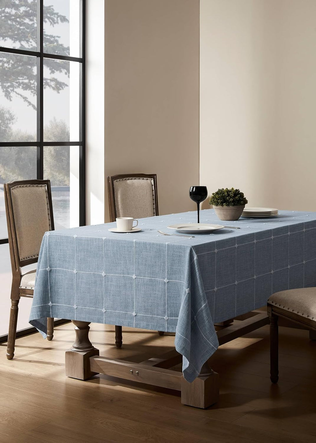 ZeeMart Grid Embroidered Rectangle Hemmed Tablecloths 60x120in, Blue
