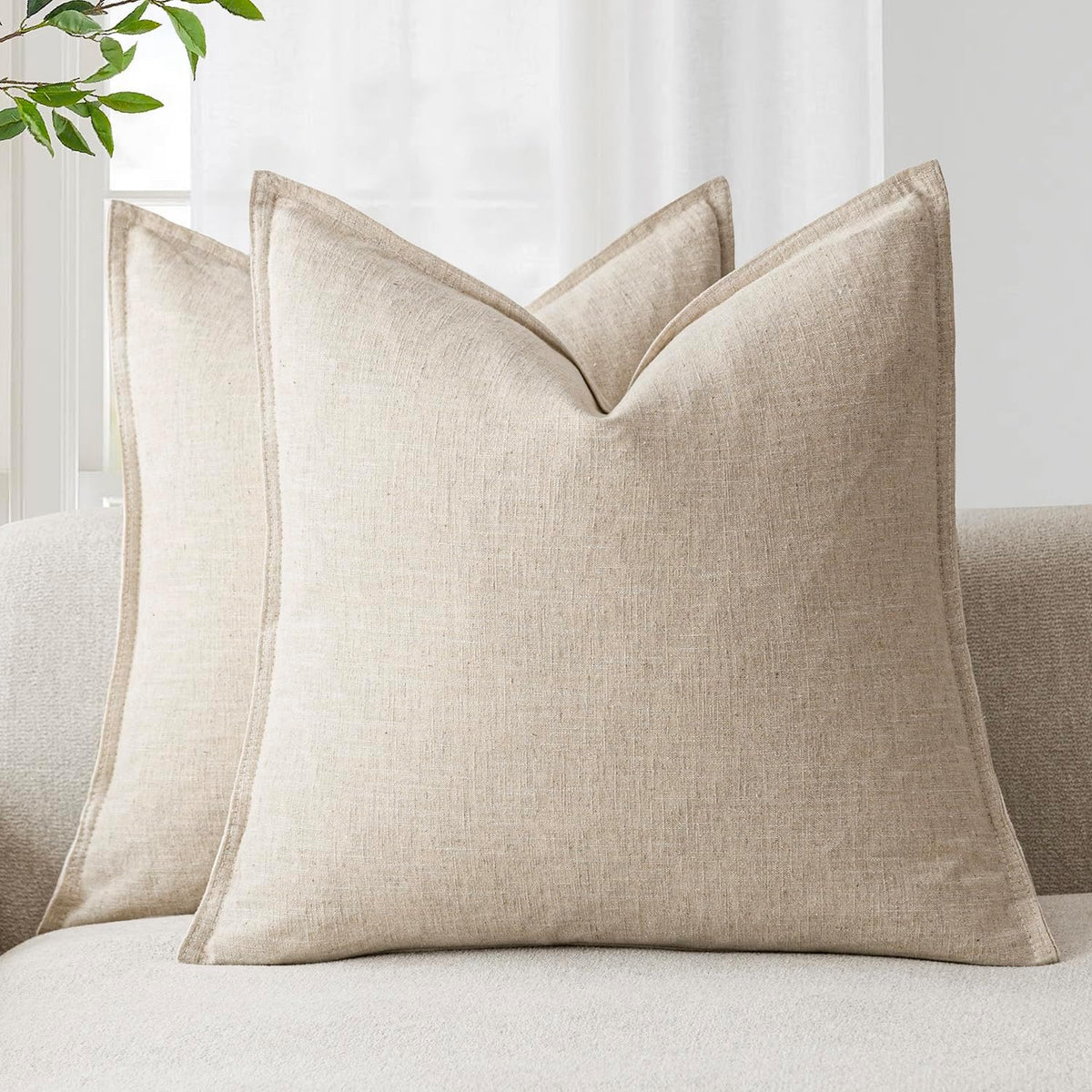 Foindtower Linen Solid Decorative Throw Pillow Covers 18x18 Natural Beige