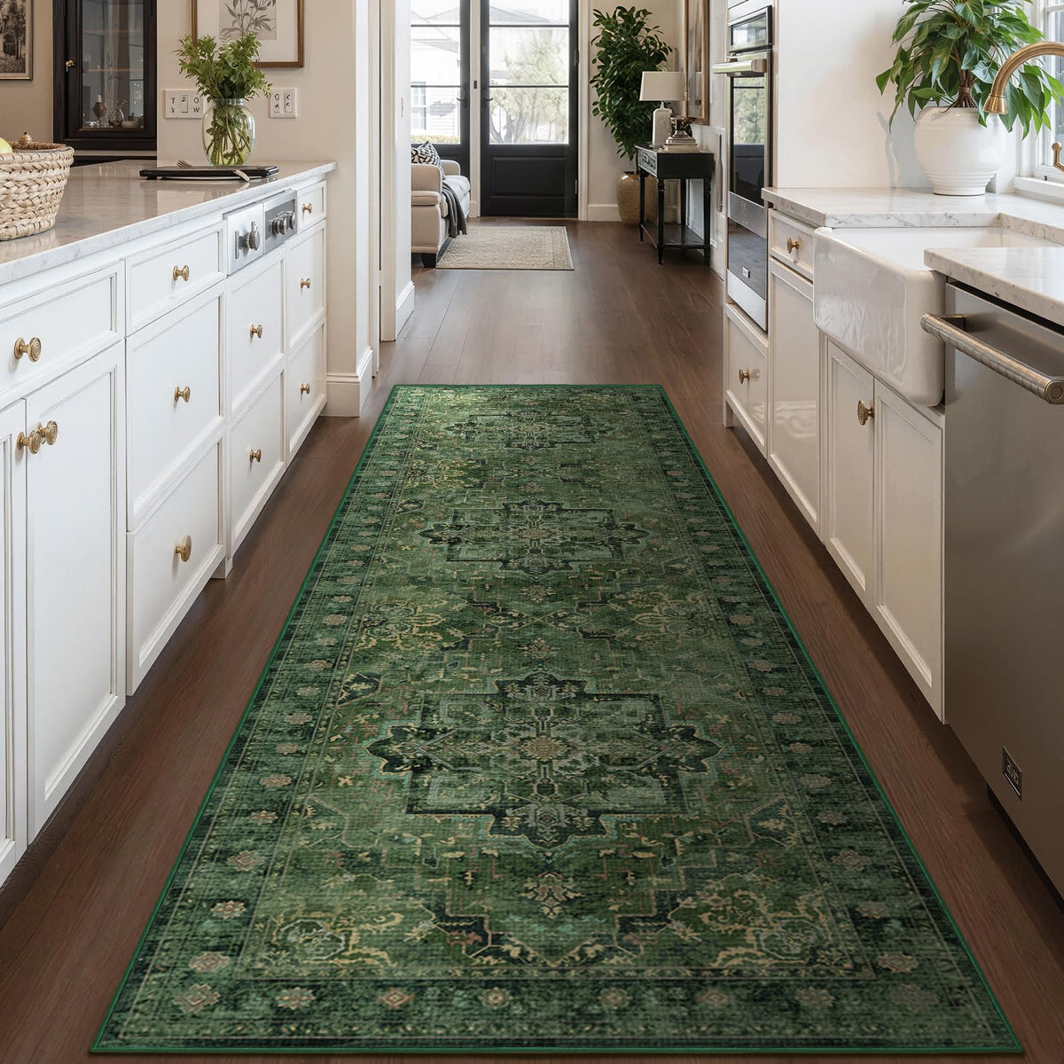Vintage Dark Green Area Rugs 5x7 for Living Room, Tranditional Distressed Medallion Printed Low Pile Thin Rugs for Bedroom, Non Slip Washable Carpet Rugs for Dining Room/Kitchen/Home Office