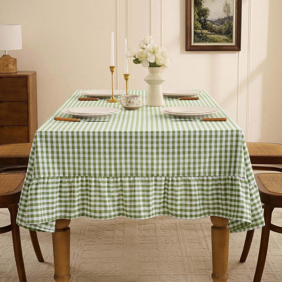 Romanstile Gingham Ruffled Tablecloth Rectangle, 60 x 84 Inch, Sage Green
