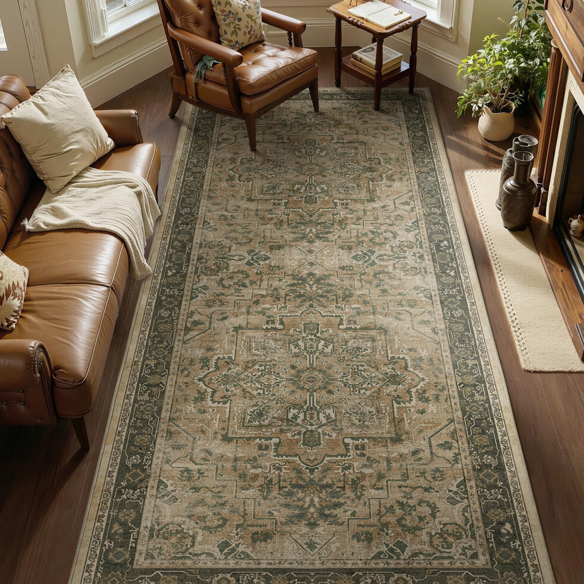 Vintage Dark Green Area Rugs 5x7 for Living Room, Tranditional Distressed Medallion Printed Low Pile Thin Rugs for Bedroom, Non Slip Washable Carpet Rugs for Dining Room/Kitchen/Home Office